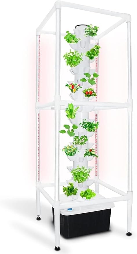 Tower Hydroponics Growing System 8 Sections Led Timed Grow Light40 Pcs Nursery Germination Kit - Herbs Fruits and Vegetables - Hydrating Pump Adapter Seeding Bed &amp Net Pots