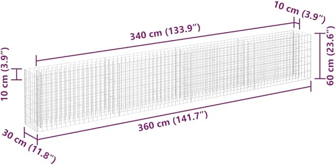 Silver Galvanized Steel Gabion Raised Bed 141.7 x 11.8 x 23.6 Inch Outdoor Planter Box for Garden Patio Balcony with Durable Construction and Easy Assembly