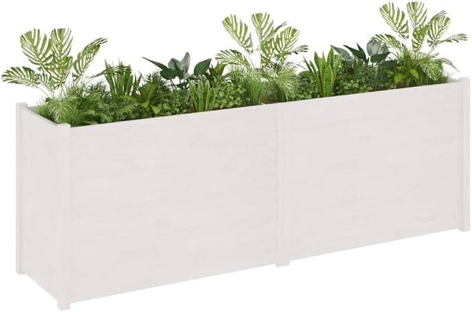 White Solid Pinewood Garden Planter 78.7x19.7x27.6 Inch Rectangular Raised Garden Bed for Outdoor Plants Balcony Patio