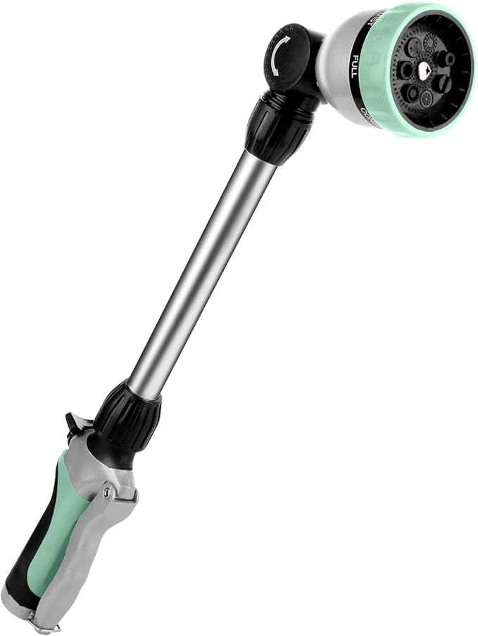 RESTMO Metal Watering Wand Heavy Duty Garden Hose Wand with 180° Swivel Ratcheting Head 16'' Hose Nozzle Sprayer with 7 Spray Patterns and Flow Control for Water Hanging Baskets and Shrubs Cyan
