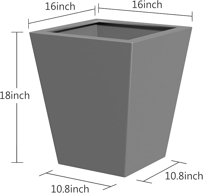18 H Tall Metal Tapered Planter Large Outdoor Indoor GPlant Pot with Drainage Hole and Rubber Plug Grey for Home and Patio