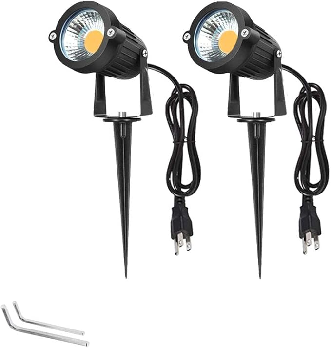 Youngine Pack of 2 Outdoor COB 5W LED Landscape Lights IP65 Waterproof COB Spotlights with Spiked Stand and US Plug for Outdoor Flag Yard Lawn Tree (Warm White)