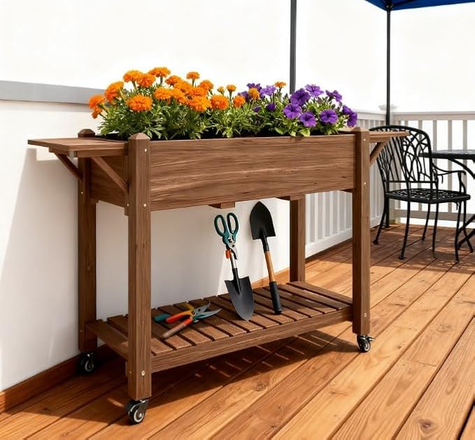 Convenient Elevated Garden BedWood Raised Planter Boxwith Lockable WheelsSide TablesBottom ShelfDrain Holes