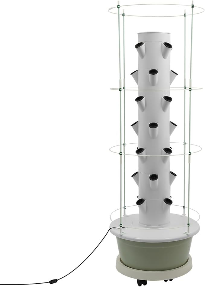 Hydroponic Growing System Kit Vertical Hydroponic Tower with Climbing Trellis Indoor &amp Outdoor Herb Garden Vegetable Tower with 28 Planting Pods for TomatoesStrawberries (White and Light Green