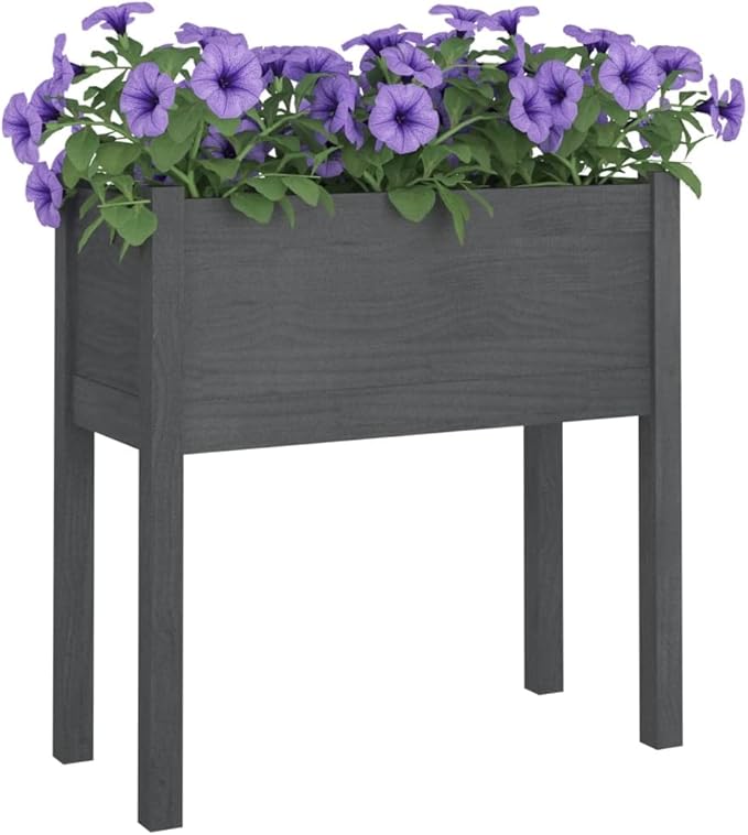 Garden Planter Set of 2 Grey Solid Pinewood Large Durable Rectangular Outdoor Raised Garden Beds for Flowers Vegetables