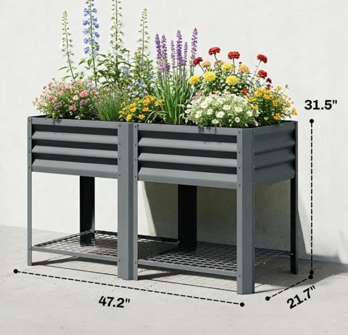 Elevated Outdoor Raised Garden Bed with Legs - 39.6-Gallon Galvanized Steel Planter Box for Patio Herbs Vegetables &amp Flowers - Ergonomic Height 33lb Storage Shelf (Dark Gray)
