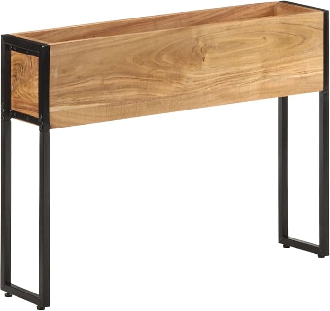 Rectangular Acacia Wood Planter 35.4 x 7.9 x 26.8 Natural Finish Black Metal Frame Durable Raised Garden Bed for Outdoor Plants Patio Deck