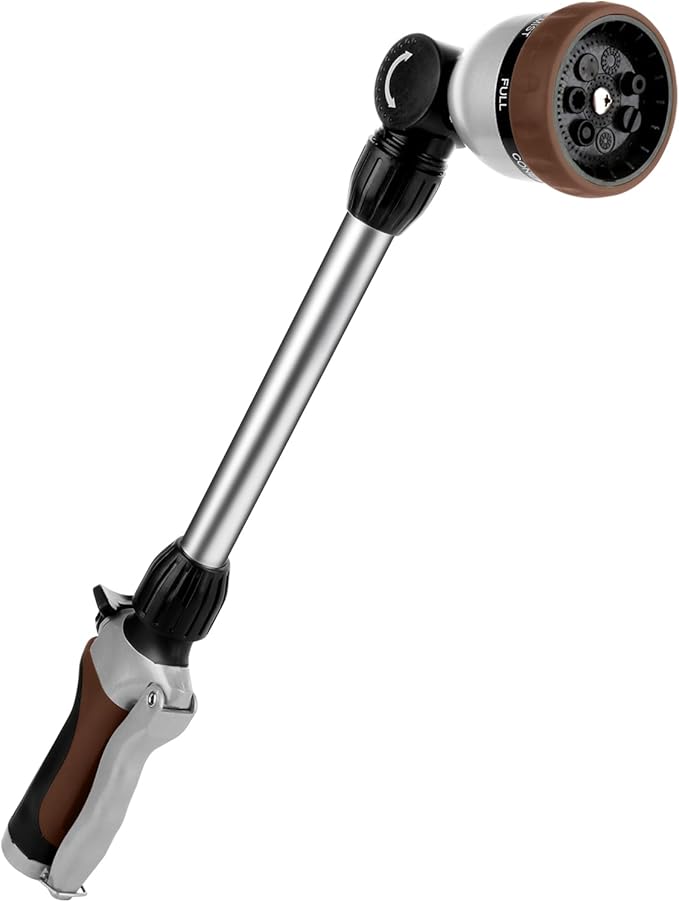 RESTMO Metal Watering Wand Heavy Duty Garden Hose Wand with 180° Swivel Ratcheting Head 16'' Hose Nozzle Sprayer with 7 Spray Patterns and Flow Control for Water Hanging Baskets and Shrubs Brown
