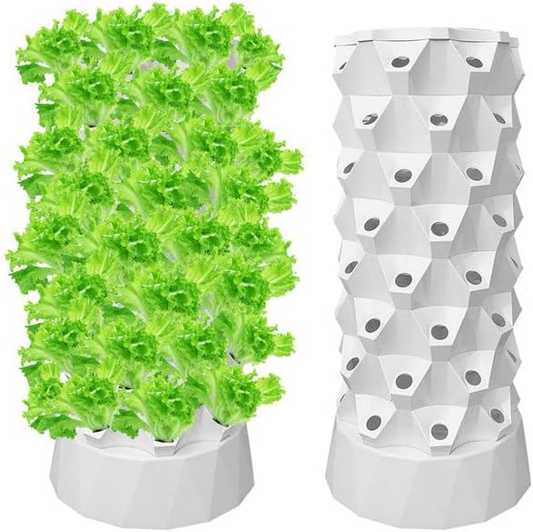 Hydroponic Tower Growing System 8 Layered 64 Planting Holes Hydroponic Tower Hydroponics Growings Systems Towers with Water Pump Vertical Growings Systems Kit for Balconies Courtyards