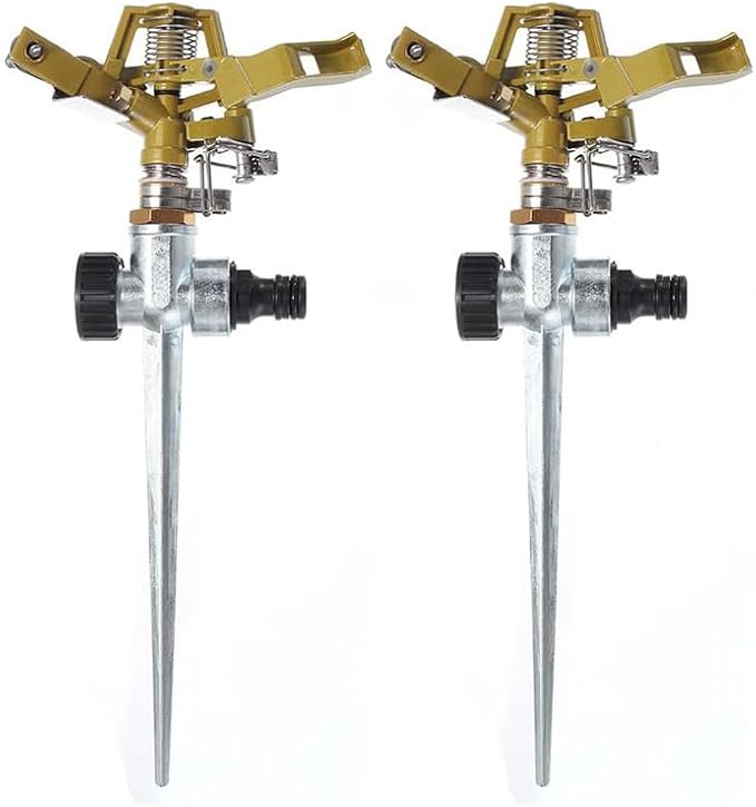 2 Pack Zinc Alloy Impact Sprinklers with Stand (Spike) Heavy Duty Zinc Alloy Lawn Sprinkler Head on Spike Base Adjustable Watering Sprinkler for Large Area Grass Yards Patio Garden Irrigation
