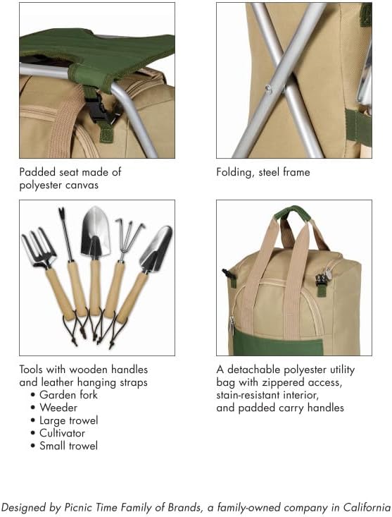 PICNIC TIME Disney Mickey Mouse Gardener Folding Seat with Tools Folding Garden Stool with Detachable Tote and Hand Tool Set Organizer Portable Gardening Chair (Olive Green with Beige Accents)