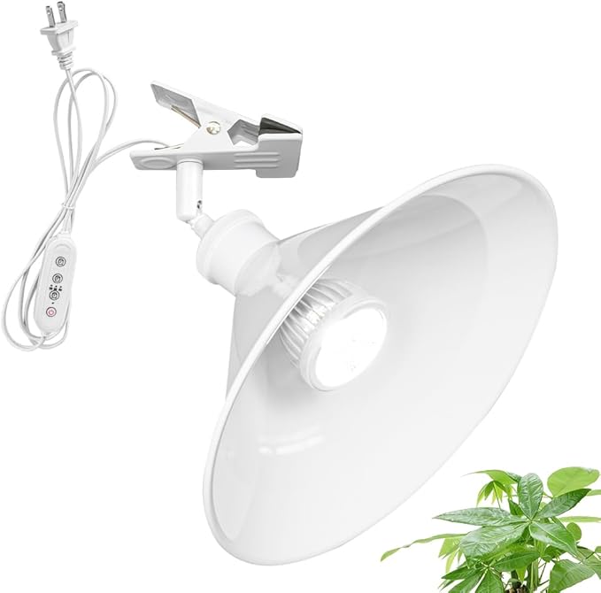 Clip Mount 5.9Ft Plug in Timing Cord Plant Light Full Spectrum White Light White Base White Metal Shade Adjusted Angle Modern Clamp Light for Indoor Plants