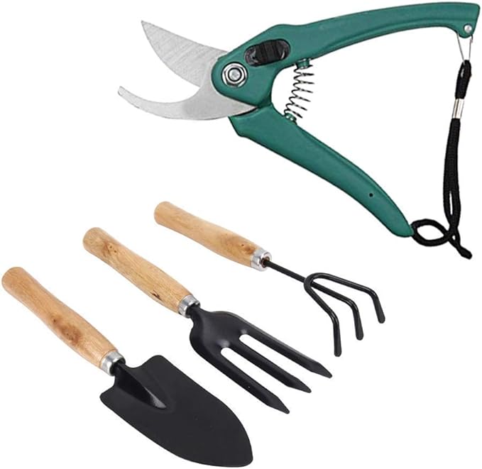 RK_Enterprises Flower Cutter/Garden Shear/Pruner &amp Big Garden Tool Set Wooden Handle Hand CultivatorTrowel Garden Fork (Set of 4)
