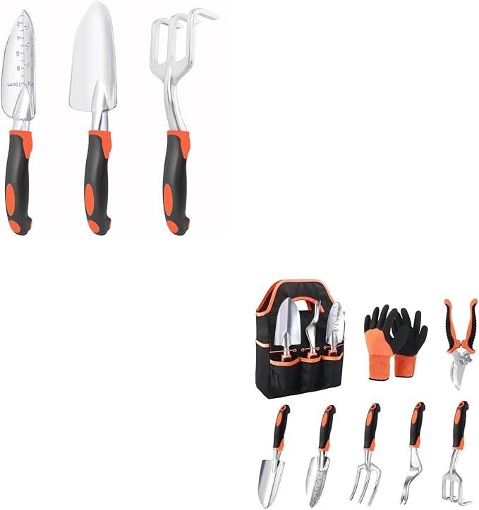 Garden Tools Set 3 Pack Heavy Duty Gardening Tools Set + Garden Tools Set 8 Piece Gardening Tools Set with Non Slip Ergonomic Handle