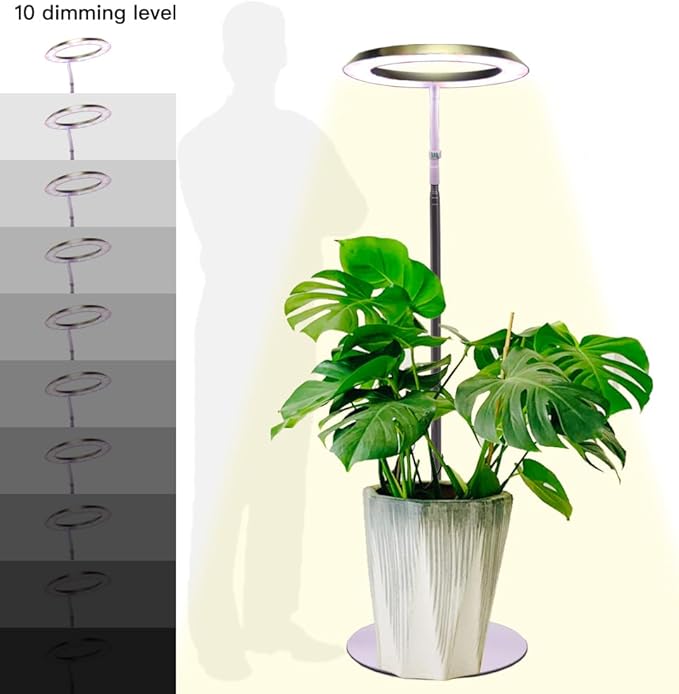 Qux 10” Halo Pro Grow LightFull Spectrum LED Freestanting Plant Grow Lamp with 3 Kind of Light Colors switchover &amp 10-Level DimmableAuto On Off Timing 4/8/12Hrs for Indoor Larger Plants (Gold)
