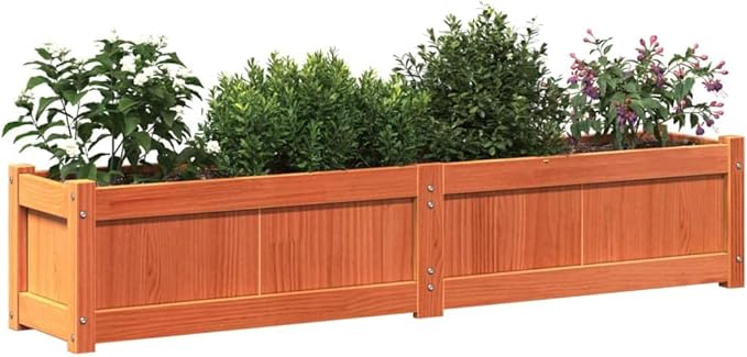 Rectangular Garden Planter Waxed Brown Solid Pine Wood 59.1x12.2x12.2 in Outdoor Raised Garden Bed for Flowers Herbs Vegetables