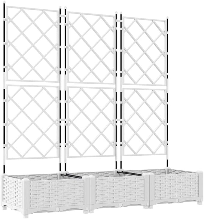 White PP Garden Planter with Trellis 3 Pcs Set 120 x 40 x 125.5 cm UV Resistant Raised Garden Bed for Outdoor Plants Gardening