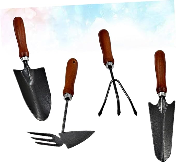 TIDTALEO 4pcs Mini Garden Tool Set with Thickened Iron Varnished Shovel and Wooden Handles Compact Hand Tools for Planting and Soil Cultivation in Garden and Pot Use