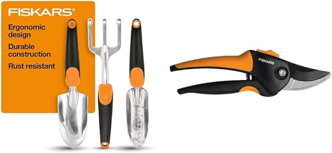 Fiskars 384490-1002 Garden Scratch Tool Set with Shovel Hand Rake and Spade for Weed Removal Digging Gardening Black/Orange &amp 79436997J Softgrip Bypass Pruner Black/Orange Small