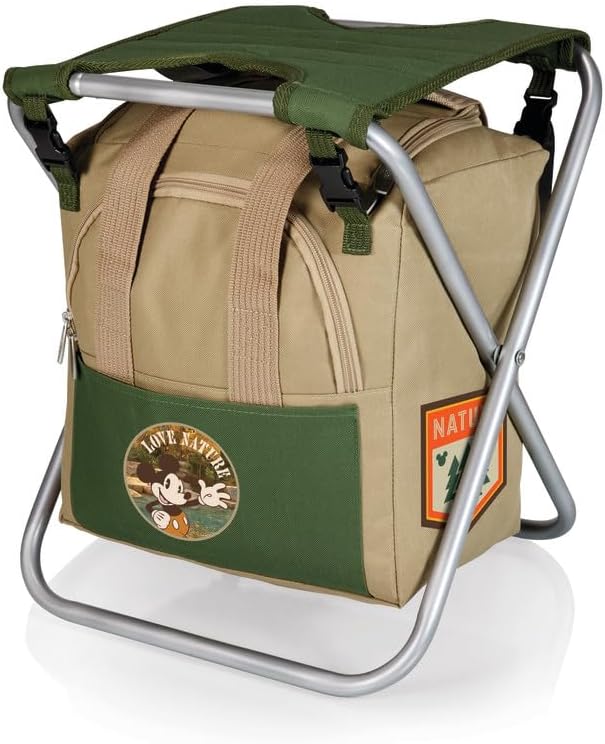 PICNIC TIME Disney Mickey Mouse Gardener Folding Seat with Tools Folding Garden Stool with Detachable Tote and Hand Tool Set Organizer Portable Gardening Chair (Olive Green with Beige Accents)