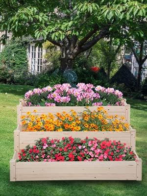 FDW 3 Tier Raised Garden Bed Outdoor Wooden Planter Box 48x48x29 ft Wood Elevated Planter Box with Divided Sections Open-Ended Base for Vegetables Flowers Herbs Plants
