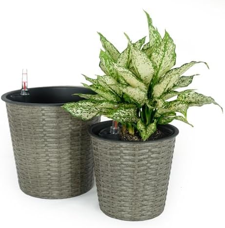 2 Pack Self Watering Wicker Decor Planter for Indoor and Outdoor Round Grey