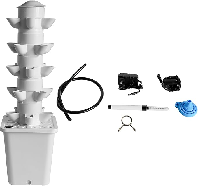 Vertical Hydroponic Growing System Tower 25 Pods White- Indoor Smart Garden with Auto Watering Timer &amp Movable Tank Soilless Planter for Herbs Vegetables Fruits | Pump Included Space-Saving De