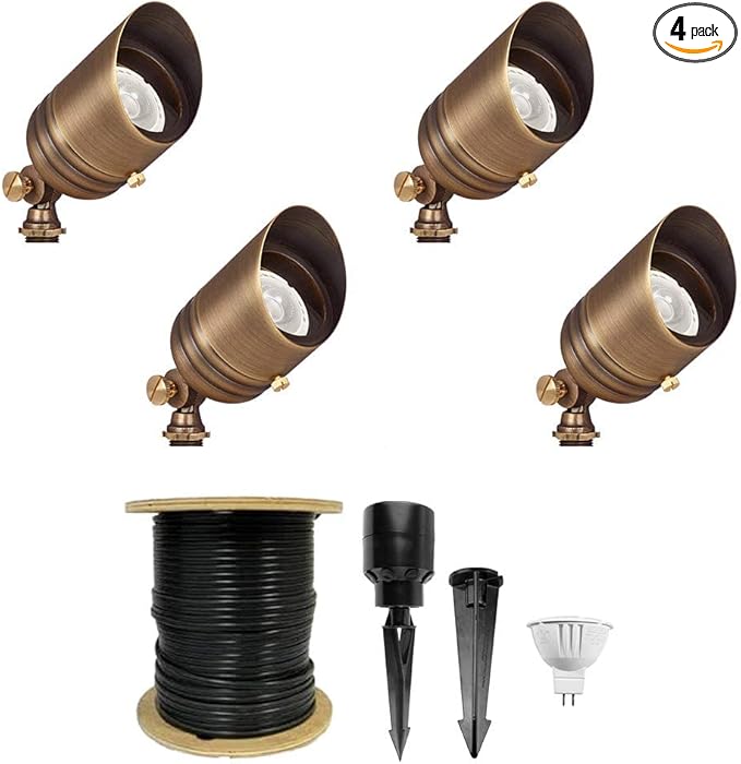 VOLT 12V Brass Fat Boy LED Outdoor Spotlight 4-Pack Expansion Kit (Bronze) for Low Voltage Landscape Lighting of Yard Lawn Garden Patio Trees &amp House