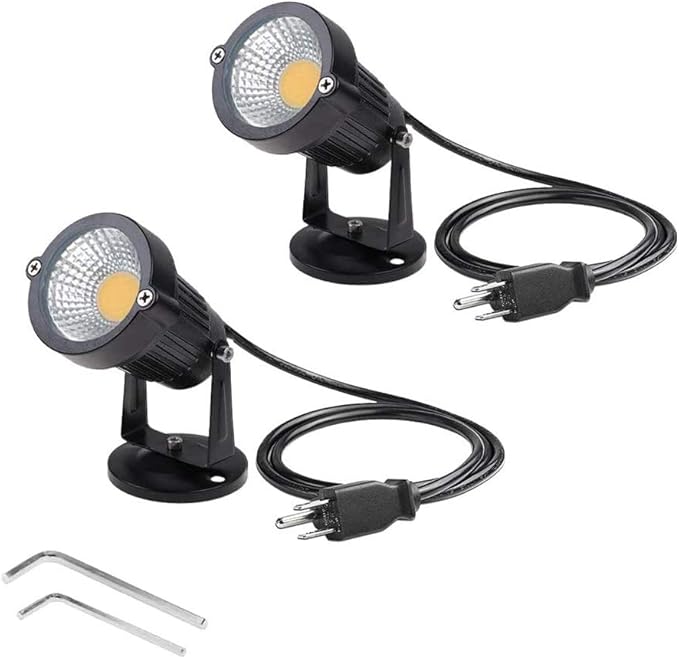 Bright Outdoor Wall Mount Spotlight 5W COB Garden Yard Path Landscape Lighting Decorative Walls Trees Flags Lamp with Round Base and Power Plug Pack of 2 (Warm White)