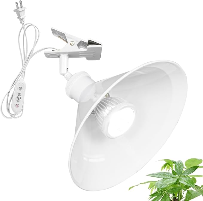 Clip Mount 5.9Ft Plug in Timing Cord Plant Light Full Spectrum White Light White Base White Metal Shade Adjusted Angle Simple Clamp Light for Indoor Plants