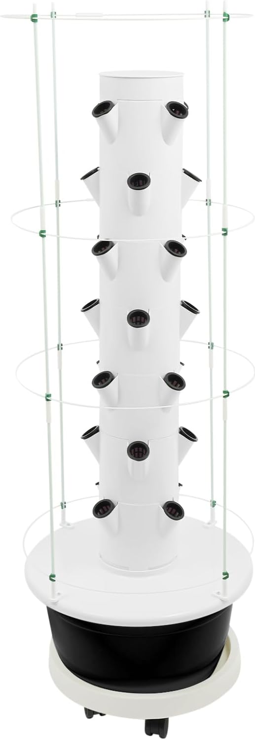 28-Plant Hydroponic Growing Tower with Climbing Trellis – 7-Tier Indoor Vertical Garden Kit 7.92Gal Water Tank Auto Timed Irrigation ABS Build with Wheels (20.86x55.9in)-Black Tank