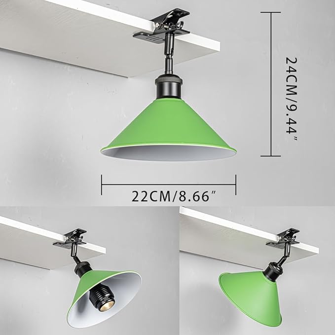 Clip-On Full Spectrum Lamp 5.9Ft Timer Switch Cord Adjustable Angle Black Base Green Shade Vintage Design Metal Clamp Light for Indoor Plants Billboards