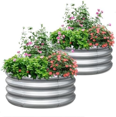 KING BIRD Raised Garden Bed Galvanized Round Planter Box Outdoor for Gardening Plants Vegetables Flowers Silver 23.5x23.5x11.8 in 2packs