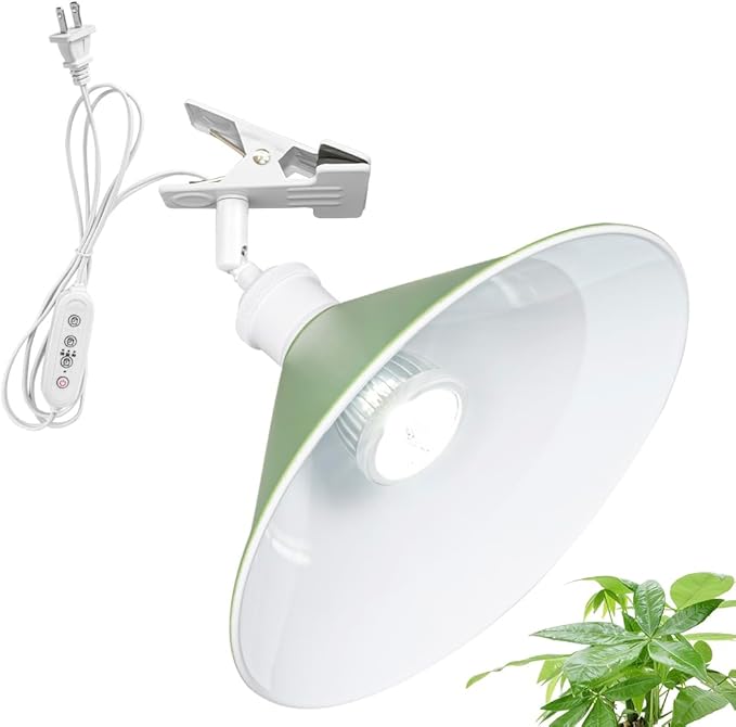Clip Mount 5.9Ft Plug in Timing Cord Plant Light Full Spectrum White Light White Base Green Metal Shade Adjusted Angle Modern Clamp Light for Indoor Plants