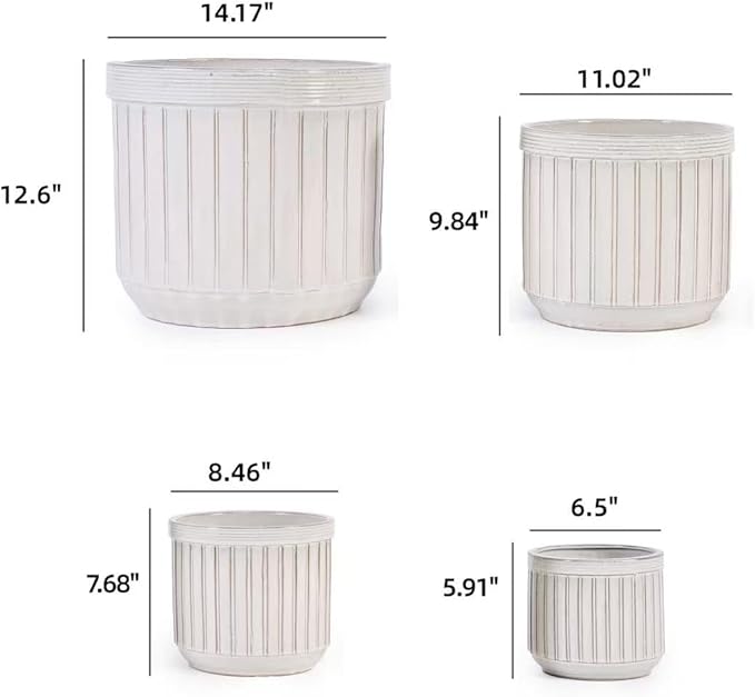 Handmade White Ceramic Planter Set of 4 681012 Inch Diameter Vertical Line Pattern for Succulents Cacti IndoorOutdoor Use on Windowsill Bookshelf Breathable Material