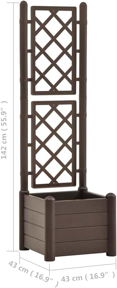 Large Garden Planter with Trellis Mocha Polypropylene Square Raised Bed for Outdoor Plants 16.9x16.9x55.9 Inch Durable Matte Finish