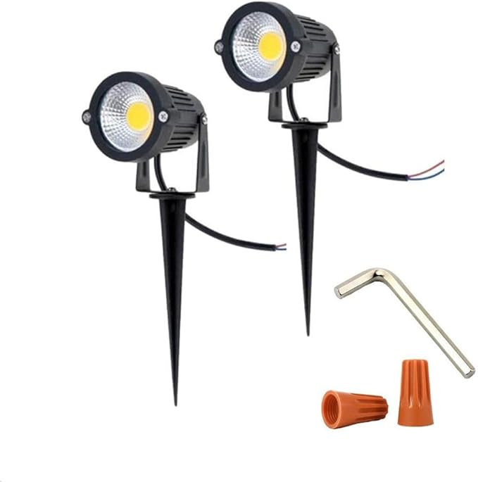 Youngine 12V Outdoor LED Lawn Light Lamps Landscape Spotlight 5W COB Garden Patio Wall Yard Path Decorative Lighting with Spiked Stand Pack of 2 (Warm White) NO Plug
