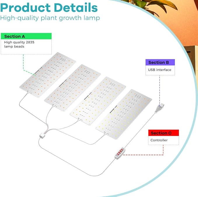 4Head LED Full Spectrum Plant Growing Lights DC5V Indoor Seedling Lamp Dimmable Hydroponic System UV/IR Auto On/Off 8/12/16hours Timer Greenhouse Tent Cultivate Lighting Flower Succulents Fill Lamp
