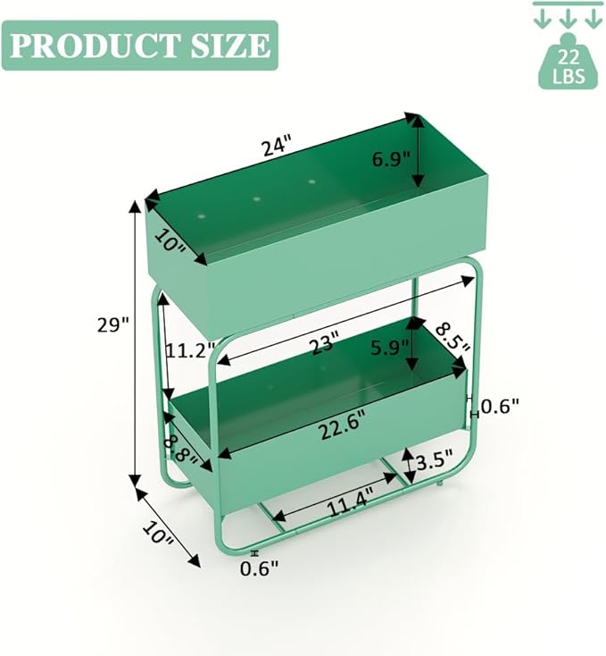 Raised Garden Bed Herb Garden Planter Outdoor - 2 Tier Metal Raised Elevated Garden Bed Planter with Drainage Holes for Patio Lawn Backyard Balcony 24x10x29 Inch Green