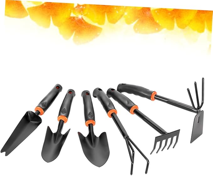 GALPADA 6pcs Garden Tool Set with Ergonomic Anti-Skid Handles Versatile Shovel Rake and Dual-use Hoeing Rake for Gardening for Home and Balcony Use Black Orange