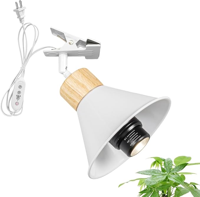 Clip Mount Adjusted Angle 5.9Ft Plug in Timing Cord Plant Light Full Spectrum 4500K 10W Simple Wood Base White Metal Clamp Light for Indoor Plants Flowers