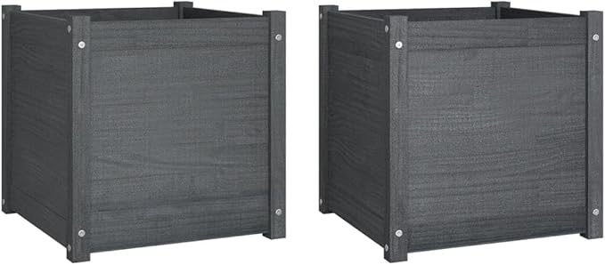 Garden Planter Set of 2 Grey Solid Pinewood 19.7x19.7x19.7 Inch Square Raised Garden Bed for Outdoor Plants