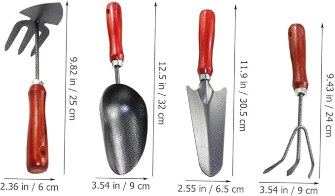 4pcs Gardening Tool Set with Hand Trowel Narrow Shovel Dual-use Hoe Rake and Three-Prong Rake – Metal Mini Garden Shovels for Planting Flower Pots and Vegetable Gardening