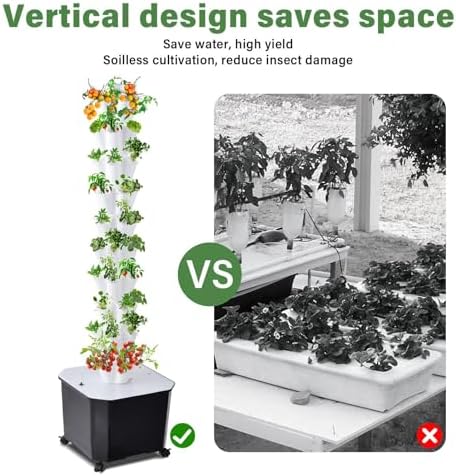 60 Plant Hydroponics Growing System Kit - 50L Large Capacity Hydroponic Tower with Timer Water Pump &amp Movable Tank for Indoor/Outdoor Vegetables Strawberries Lettuce