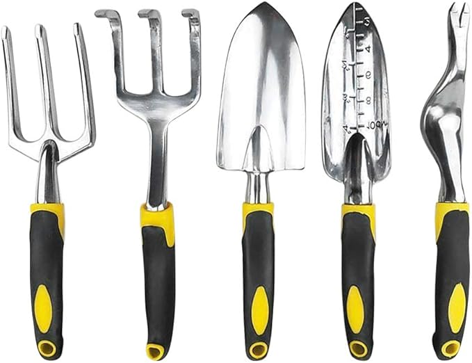 SagaSave Garden Tool Set 5 Pcs Heavy Duty Gardening Kit Include Aluminum Alloy Small Shovel Right Angle Fork Shovel Weeding Fork Transplanter Ideal Garden Tools Gift