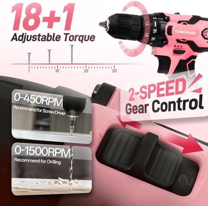COMOWARE 12V Cordless Drill Set Pink Hand Tool Set with Cordless Drill Driver Complete Repair Tool Kit for Women Storage Bag Ideal for Office Garden Dorm and DIY Project
