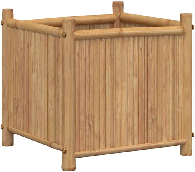 Natural Bamboo Raised Planter Box 15.7 in Cube Indoor Outdoor Elevated Garden Bed for Flowers Herbs Vegetables Beige Patios Balconies and Living Rooms