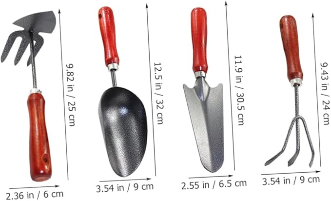Luxshiny 4pcs Gardening Tool Set Mini Metal Spade Hand Trowel Rake Cultivator with Extended Narrow Shovel for Flower Planting and Vegetable Garden Maintenance