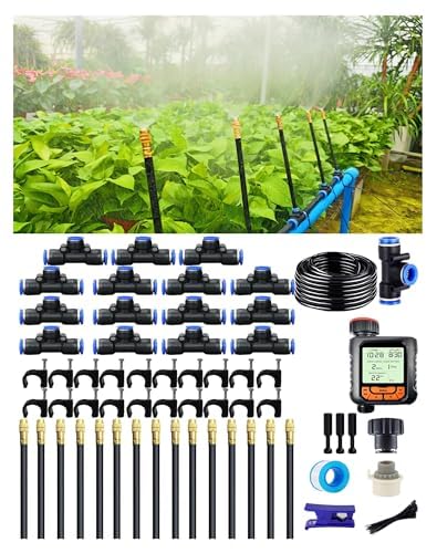 Drip Irrigation System 360 Adjustable Mist Sprayer Nozzle High Volume Water Flow Rotating Sprinkler Head for GardenPatioPotted PlantsEasy Install Fine Misting to Jet Spray (65FT+15Nozzles+TIMER)