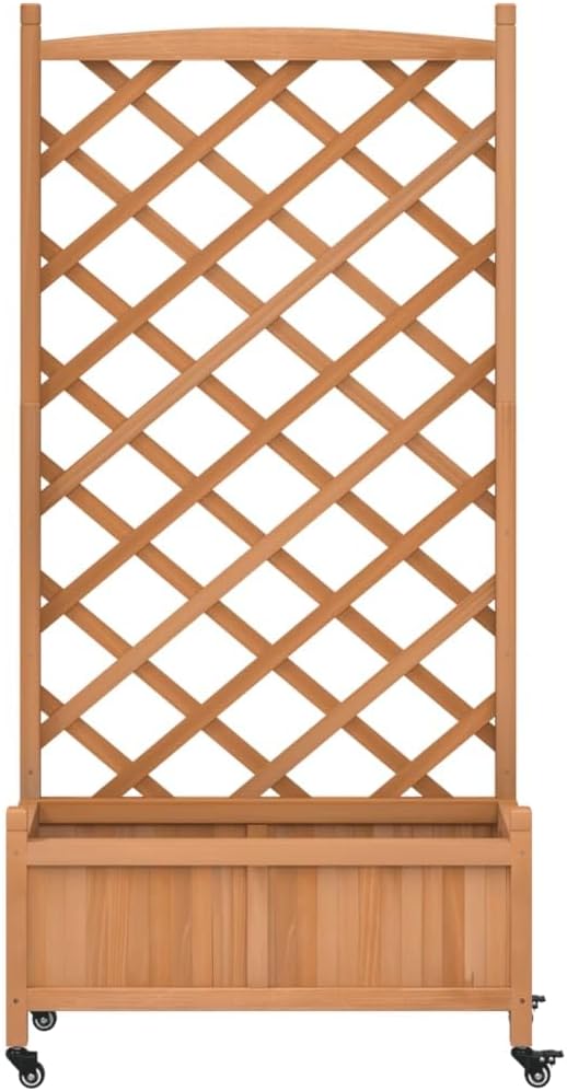Raised Garden Bed Planter with Trellis and Wheels Brown Solid Fir Wood Outdoor Planter Box for Climbing Plants and Vegetables with Drainage and Ventilation